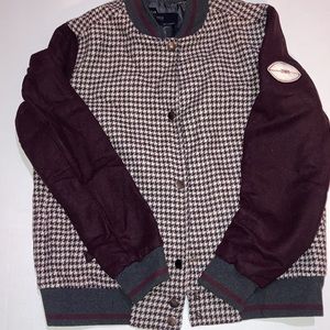 Zara basic women’s burgundy wool tweed houndstooth varsity jacket size small